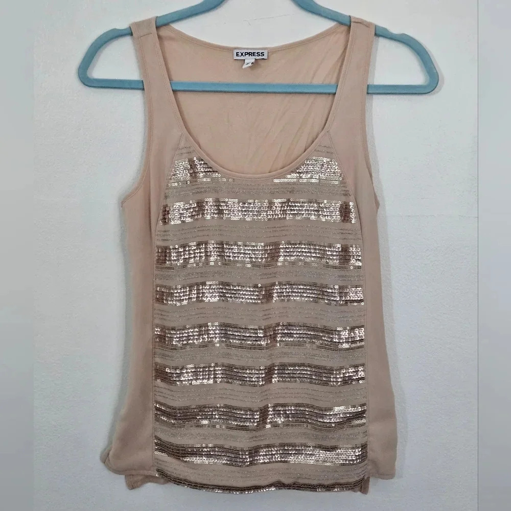 Express Beaded Sequin Tank Top Blouse Beige Tan Women's XS